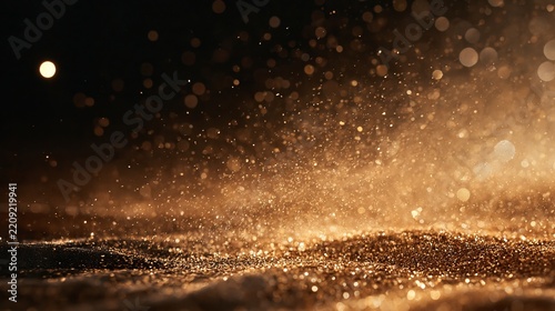 Golden glitter dust particles floating in air with dark background