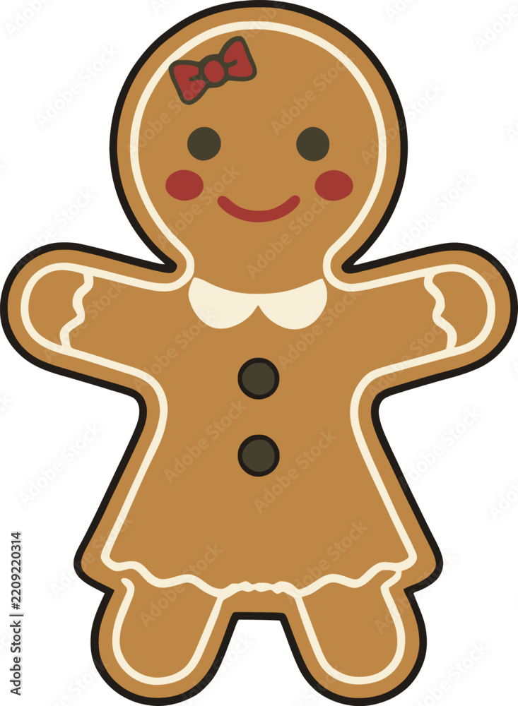 Obraz premium Cute Gingerbread Girl Cookie with Bow, Christmas Holiday Cartoon Illustration