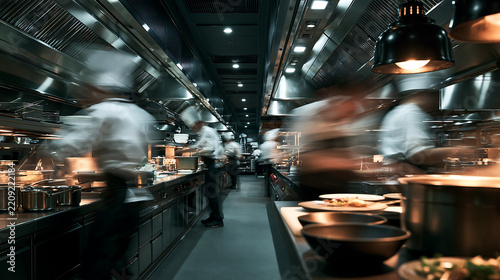 Professional executive chefs and line cooks working in a fast-paced commercial kitchen with motion blur, concept for restaurant management, culinary industry and hospitality workflow