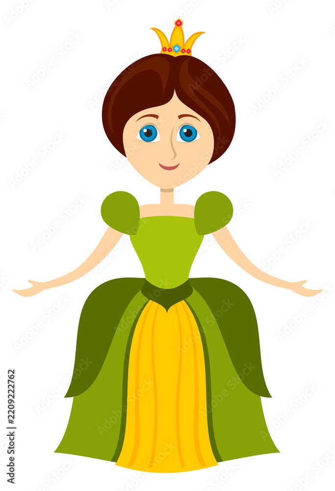 Obraz premium A cartoon princess is wearing a green dress and a crown