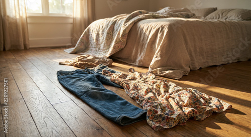 Discarded casual clothes lying on wooden floor in sunny messy bedroom with unmade bed