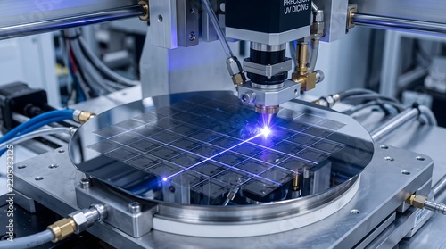 Cutting a silicon carbide semiconductor wafer with an ultraviolet (UV) laser for the production of microchips in a “clean room” environment. AI generated.