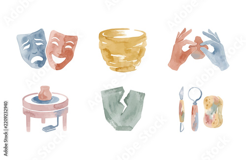 Watercolor Pottery and Theater Drama Icon Set Isolated on White Background