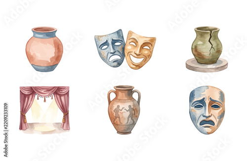Watercolor Theater Drama and Pottery Icon Set with Masks, Vase, Stage Curtain, and Ancient Greek Urn