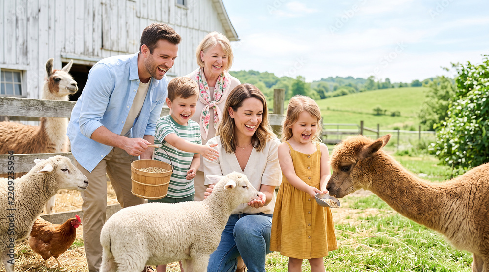 Obraz premium Family meeting and feeding friendly animals at educational farm