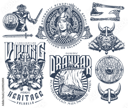 Rune-inscribed shields, axes, and helmets depicted