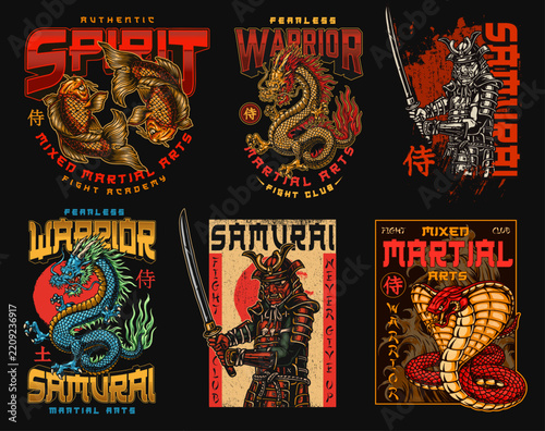 Each design features warriors, dragons, or snakes