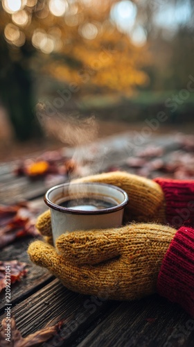 A person wearing yellow knitted gloves holds a coffee mug in their hands, sitting on an old wooden bench surrounded by autumn leaves