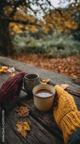 A person wearing yellow knitted gloves holds a coffee mug in their hands, sitting on an old wooden bench surrounded by autumn leaves