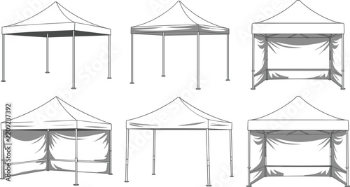 Outdoor pop up canopy tent vector set featuring peaked roof exhibition booth, trade show stall, and marquee mockups in various views