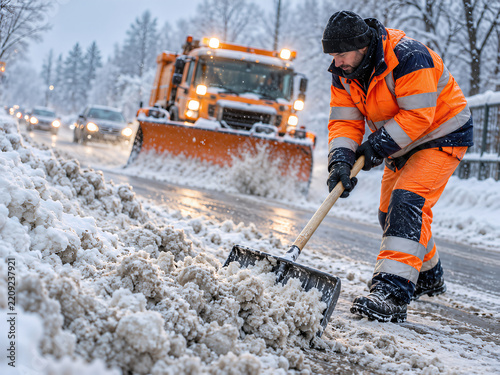 Snowplow Clearing Slush From Damaged Urban Road in Winter