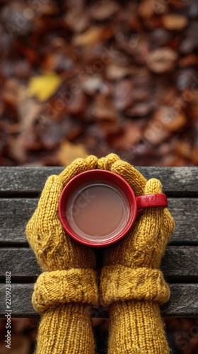 A person wearing yellow knitted gloves holds a coffee mug in their hands, sitting on an old wooden bench surrounded by autumn leaves