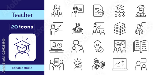 Teacher and education linear icon set with editable stroke vector.