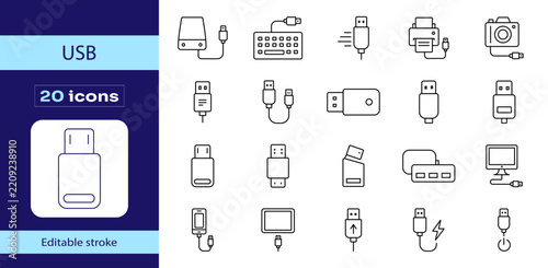 USB hardware and connector linear icon set with editable stroke vector.