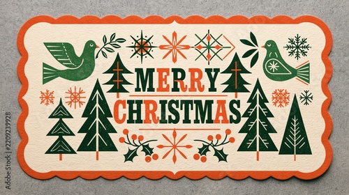 Vintage Mid Century Modern Merry Christmas Postage Stamp Design with Peace Dove Pine Trees Snowflake and Holly Leaves Illustration