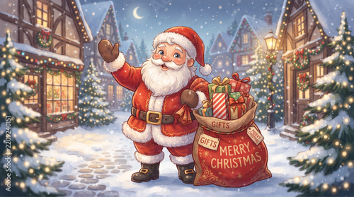 Cute Santa Claus with Gift Bag Waving Hand in Snow Snowy Christmas Village Illustration Background