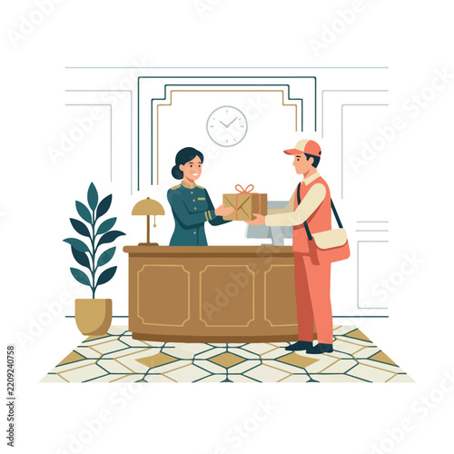 Courier delivering parcel to receptionist at hotel front desk in modern office interior illustration