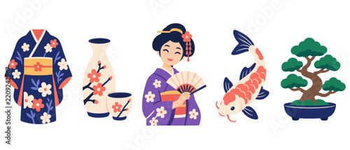 Japanese culture icons with kimono fan koi and bonsai