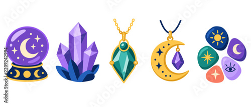 Set of mystical objects with crystals and celestial symbols