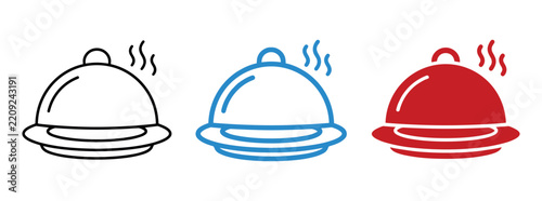 Hot food covered dish icons in black blue and red with steam during a meal concept for restaurant menus and catering