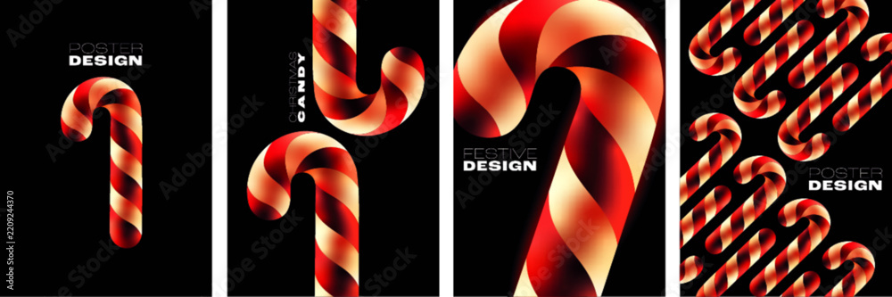 Obraz premium Four candy cane posters in glowing gradient stripes on a dark ground. Festive Christmas cards, flyers and holiday templates for the winter season