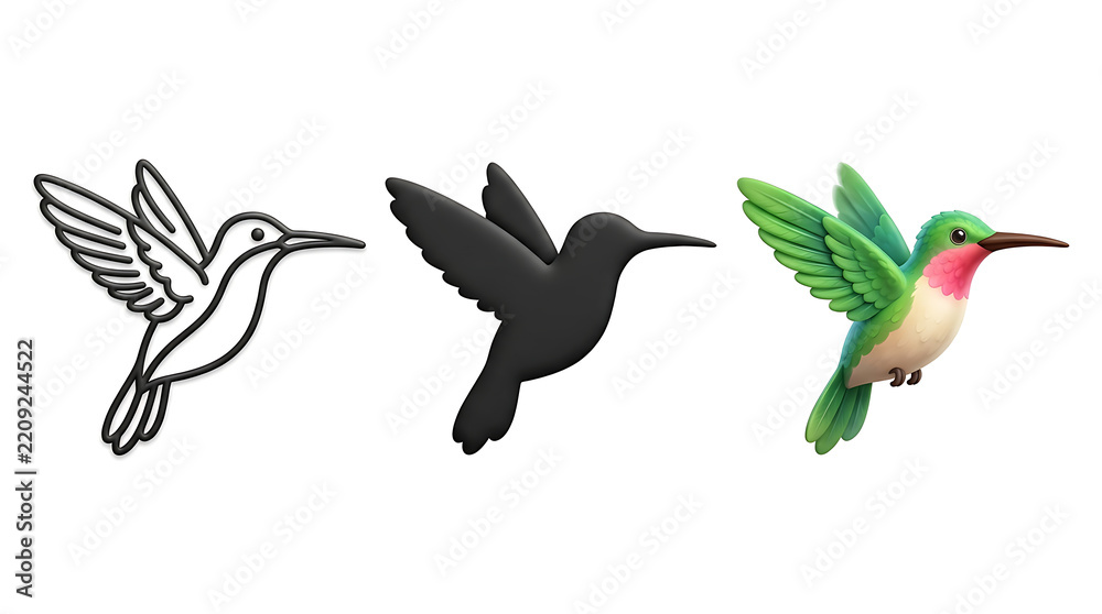 Fototapeta premium Three distinct hummingbirds in flight outline, solid black silhouette, and vibrant 3D rendering variations
