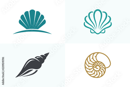 Collection of four minimal vector shell icons featuring sea life silhouettes and nautical logo designs
