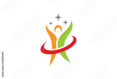 Abstract human figure icon with raised arms and stars in vibrant colors for success concepts