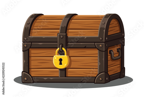 Closed wooden chest with metal straps and a yellow padlock isolated on white background