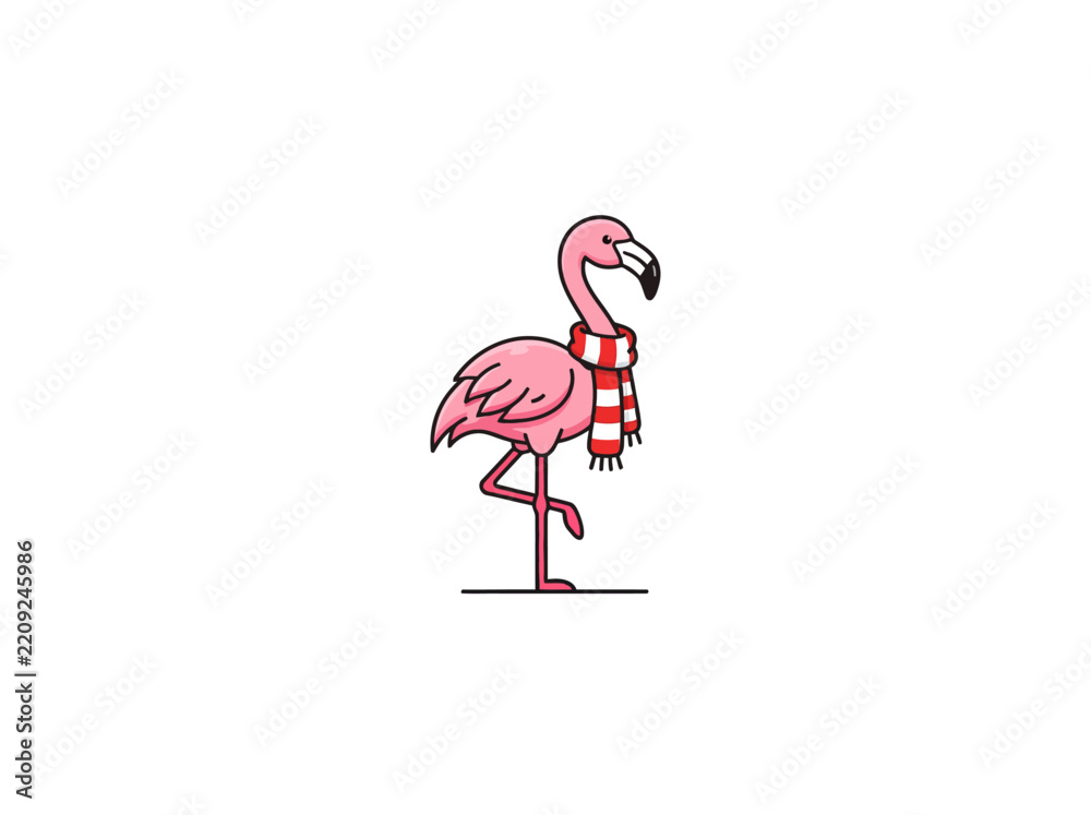 Obraz premium Pink Flamingo Standing On One Leg Wearing A Red And White Striped Christmas Scarf Cartoon.eps