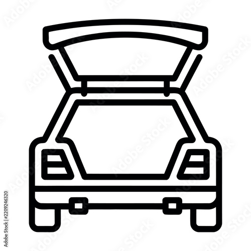 Hand-traced vector illustration of an open car trunk viewed from the rear, showcasing bold black outline strokes on a clean white background in a minimalist line art style.
