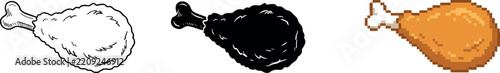 Fried Chicken Leg Drumstick Vector Icon Set Outline Silhouette And Pixel Art Colored Style For Fast Food Restaurant Design