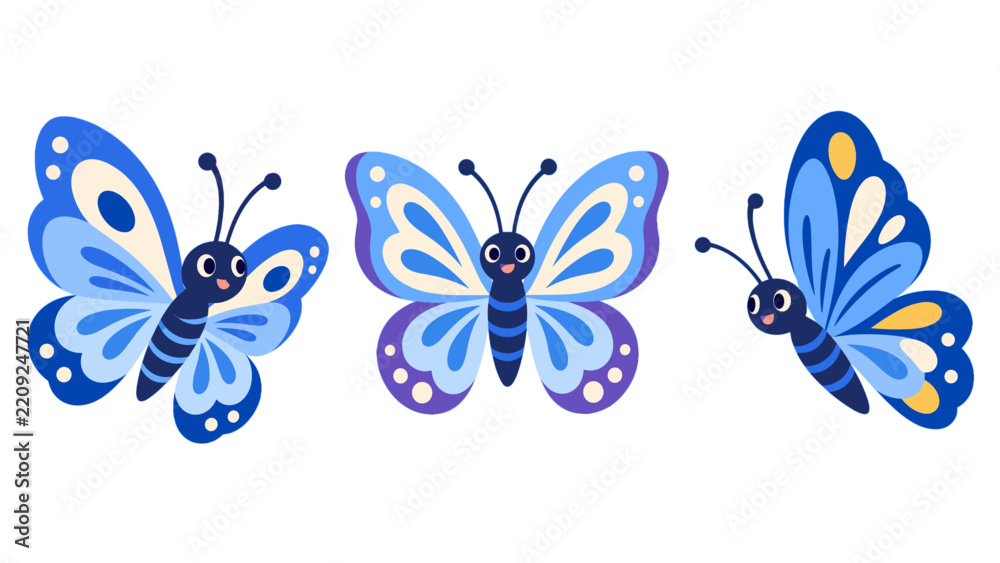 Obraz premium Set of three blue cartoon butterflies with patterned wings