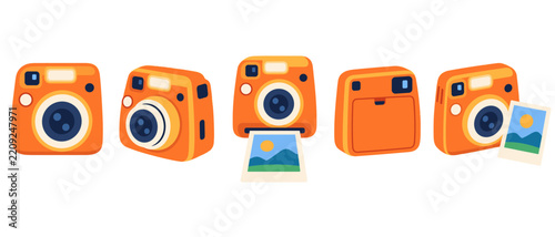 Set of orange instant cameras with photo prints