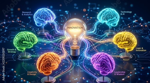 Innovation concept showing interconnected brains exchanging ideas around a central lightbulb representing collaborative intelligence