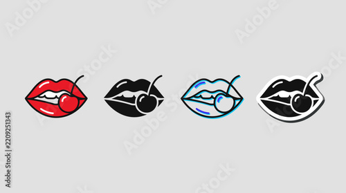 Red Lips Biting Cherry Vector Icon Variations