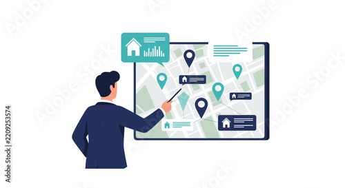 Real Estate Market Analysis Concept with Agent Pointing at Digital Map. Professional House Search, Investment Data Visualization, and Property Brokerage Illustration.
