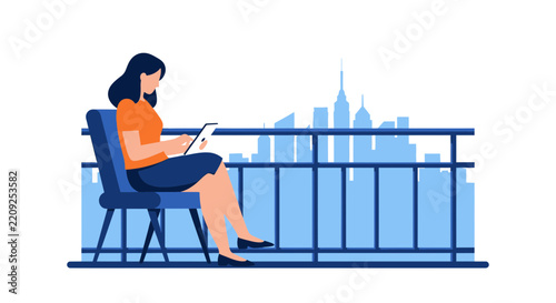Woman Working on Tablet from Balcony with City Skyline View, Freelance and Remote Work Concept Flat Vector Illustration