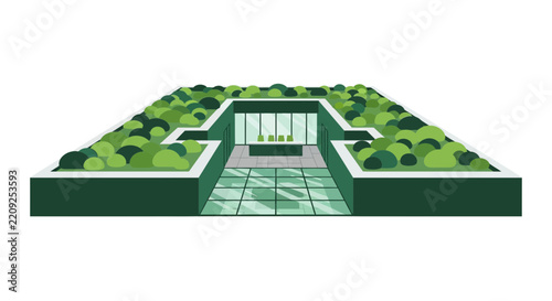 Modern Sustainable Office Building Illustration with Green Living Roof and Biophilic Design, Eco-Friendly Corporate Architecture Concept