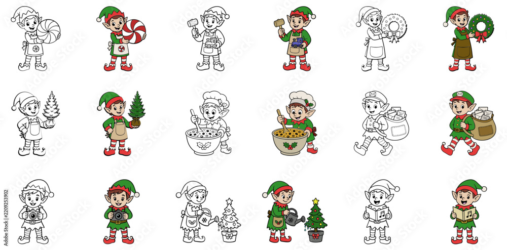 Fototapeta premium Christmas elf collection sheet color outline line art vector
