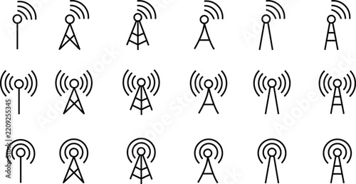 Antenna line icon set. Radio antenna black linear vector isolated on transparent background. Radio tower. Communication towers outline collection. Transmitter receiver wireless signal. Easily editable