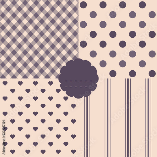 Four seamless patterns with hearts polka dots stripes and checkered backgrounds