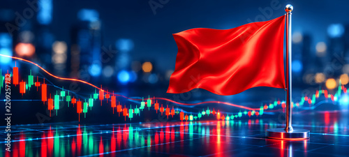 Red Flag Warning Symbol on Stock Market Candlestick Chart Showing Downtrend Financial Risk

