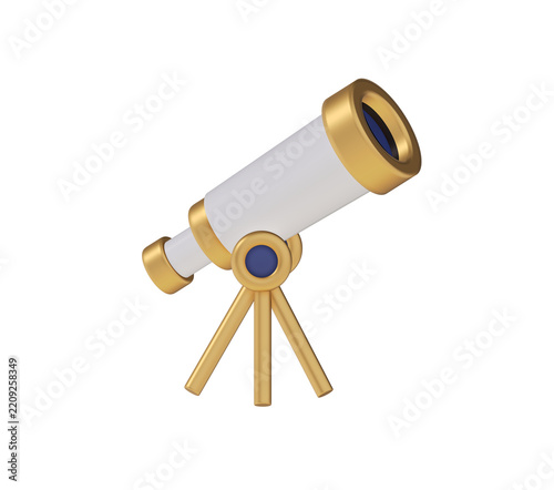3D Telescope Icon Cute soft style illustration of white and gold astronomical instrument on tripod perfect for space exploration science and discovery