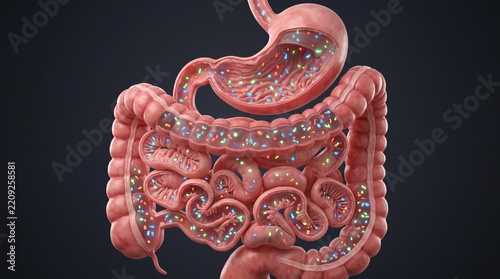 Medical illustration of the stomach and intestines with colorful microbes representing the human gut microbiome