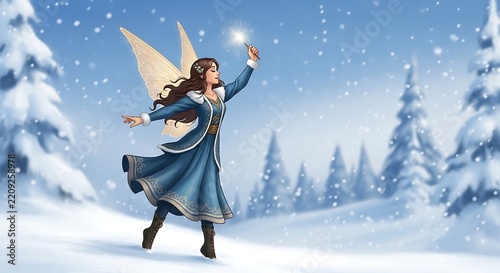 Fairy holding magical glowing wand dances through falling white winter snowflakes.