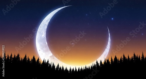 Crescent moon glows brightly above dark silhouette forest under twilight starry sky.