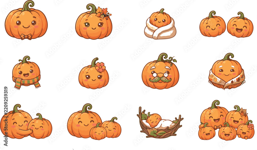 Fototapeta premium Cute Pumpkin Family Character Collection with Decorative Accessories