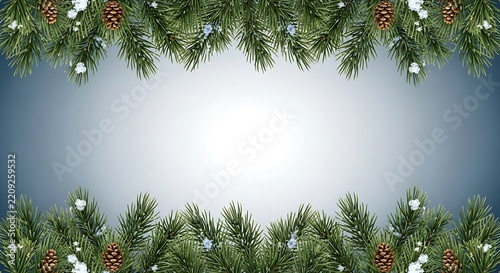 Pine branches with pinecones and snow frame the top and bottom edges.