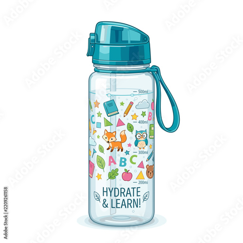 Cute cartoon water bottle for kids with educational theme featuring animals and school supplies